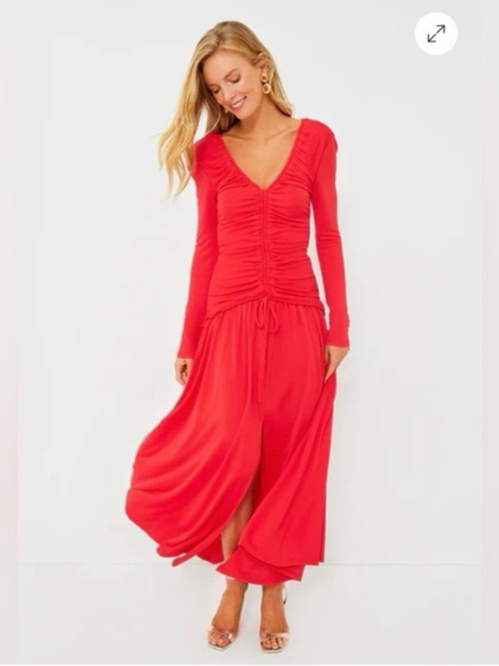 NWT FARM Rio Vibrant Red Long Sleeve Ruched Maxi Dress